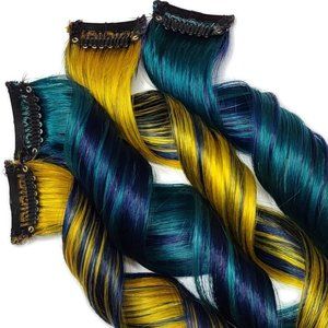 Double Drawn Remy Human Hair Extensions Galaxy Colored in Highlights Blue Teal